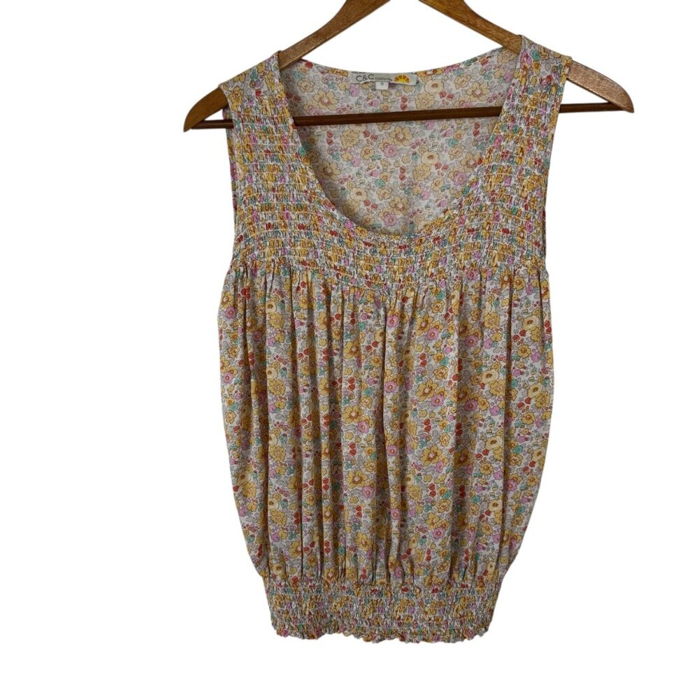 C&C California Floral Sleeveless Blouse Tanktop Pastel Multicolor Small Smocked